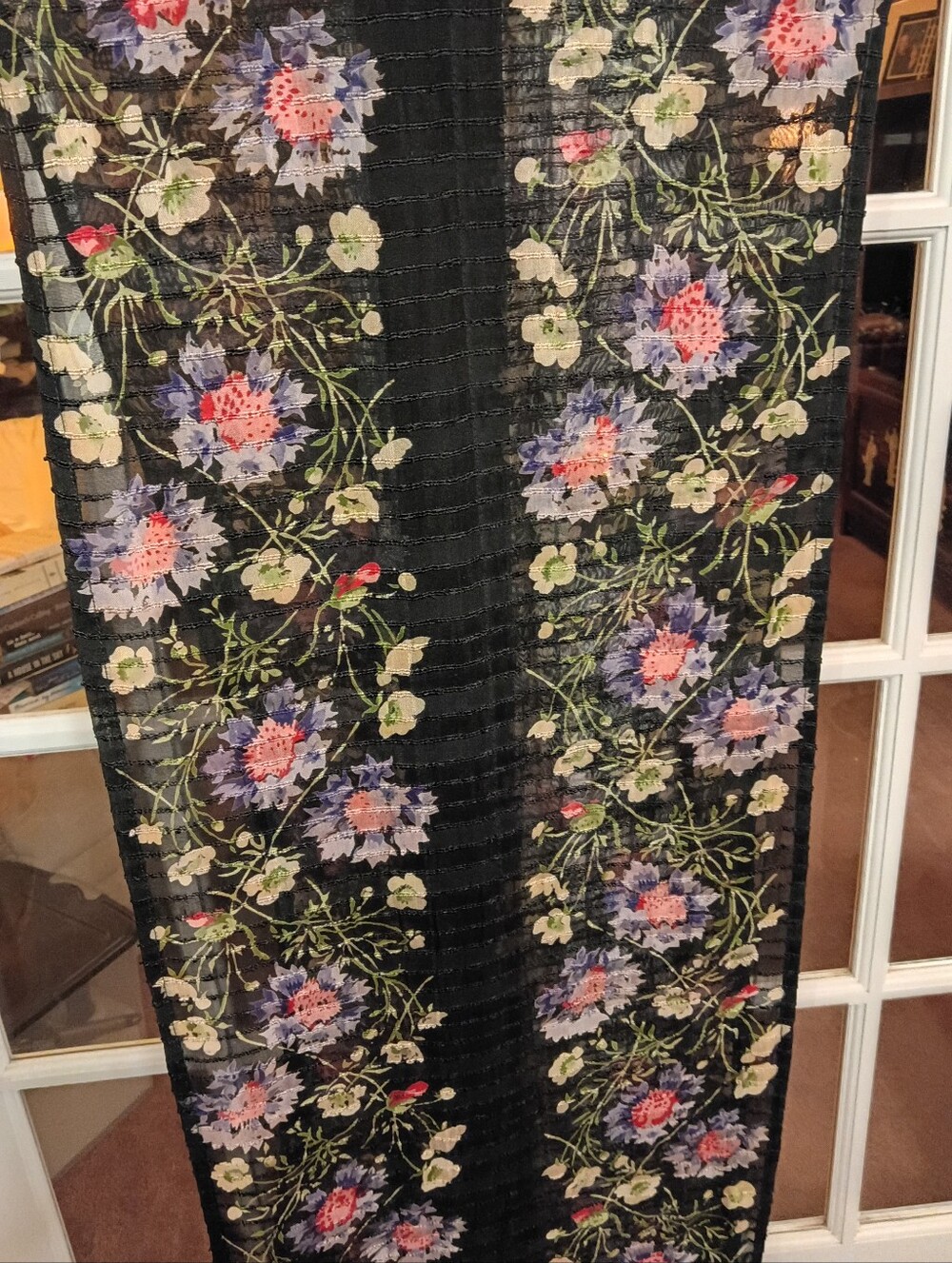 Boho Floral Sheer Lightweight Scarf - Black with Blue & Cream Botanical Print